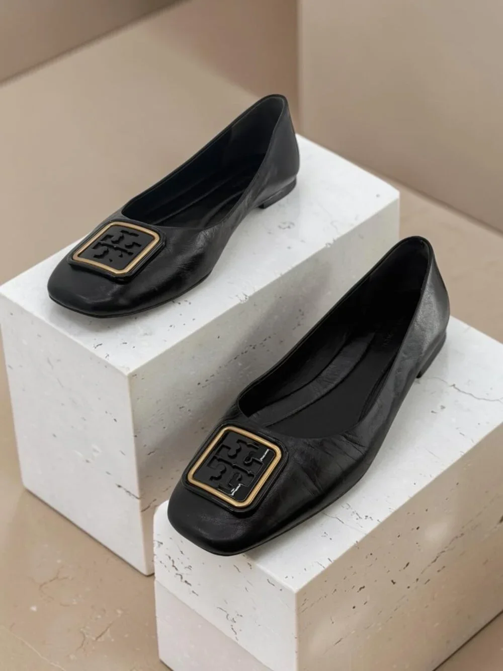 Tory Burch Black Leather Square Logo Plating Ballerina Flats 9